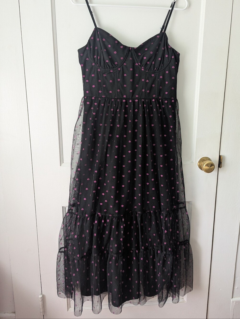 Betsey Johnson Black Tulle Lip Print Bustier Midi Dress Size 10 - Picture 4 of 11